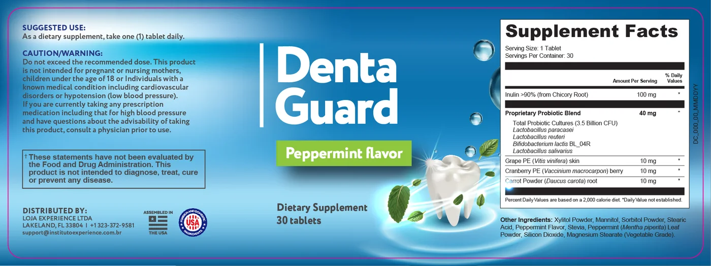 Denta Guard Supplement Facts label showing inulin, the probiotic blend, cranberry, grape seed and carrot