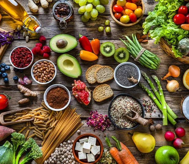 A colourful spread of whole foods that support everyday nutrition and oral wellness