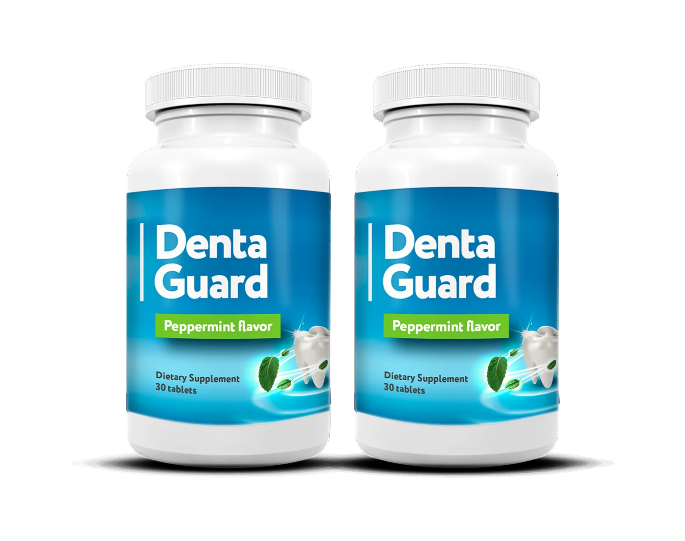 Two bottles of Denta Guard peppermint oral probiotic tablets